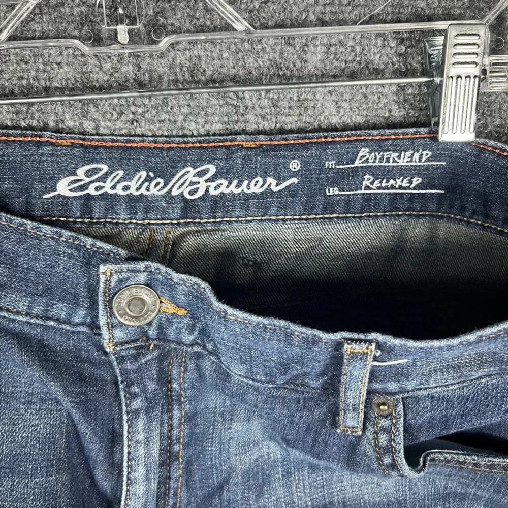 Eddie Bauer Boyfriend Jeans Womens 16 Medium Blue Distressed Plaid Patch Relaxed